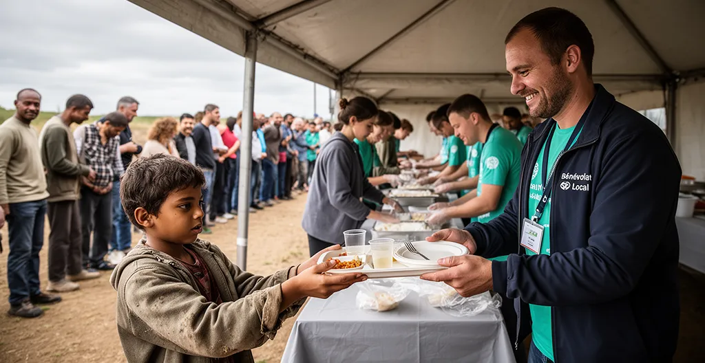 Enfant recevant un plateau-repas des mains d'un bénévole