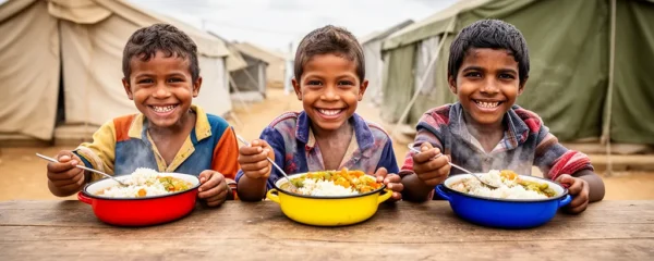 Trois enfants assis partageant un repas chaud dans un espace communautaire