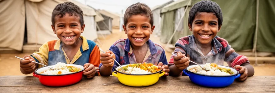 Trois enfants assis partageant un repas chaud dans un espace communautaire