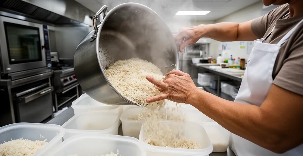 Bénévole versant du riz dans des contenants de distribution